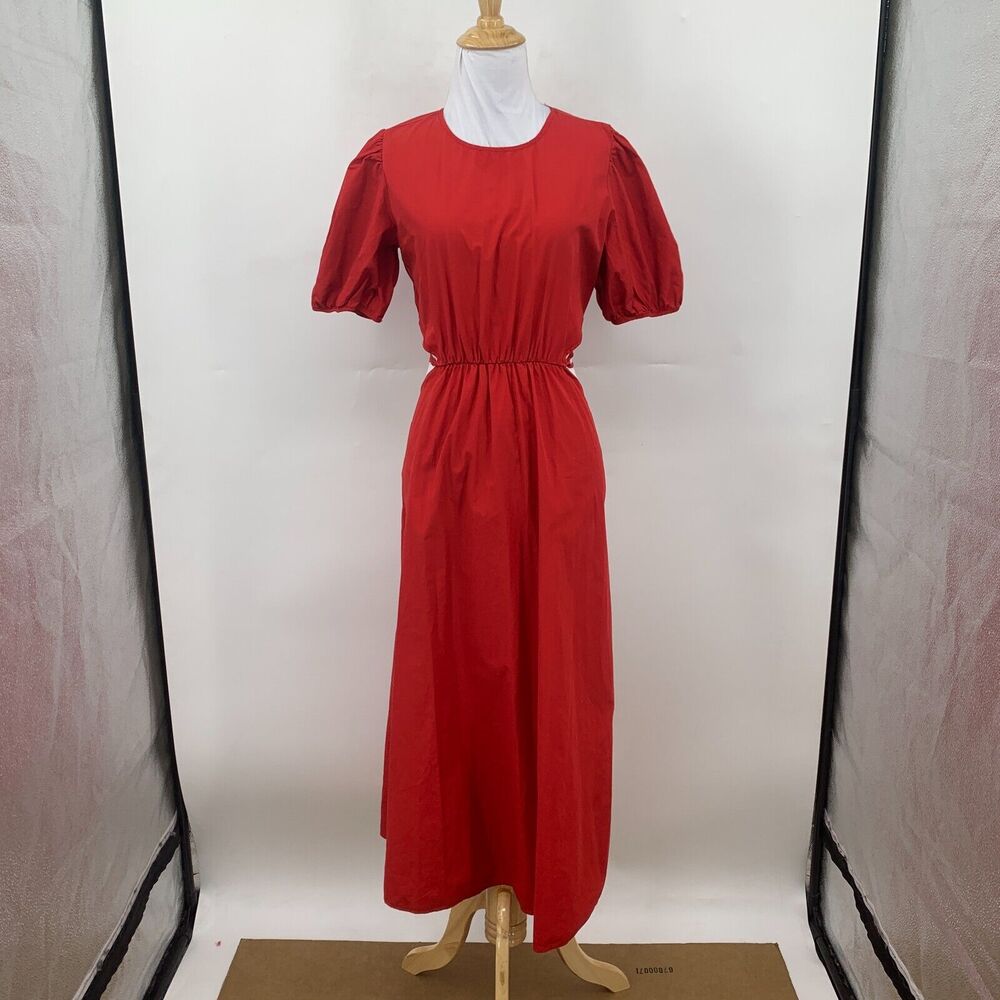 Zara Cut Out Polin Dress Womens XS Extra Small Red Midi Puff Sleeves Cinch Waist - Picture 3 of 16